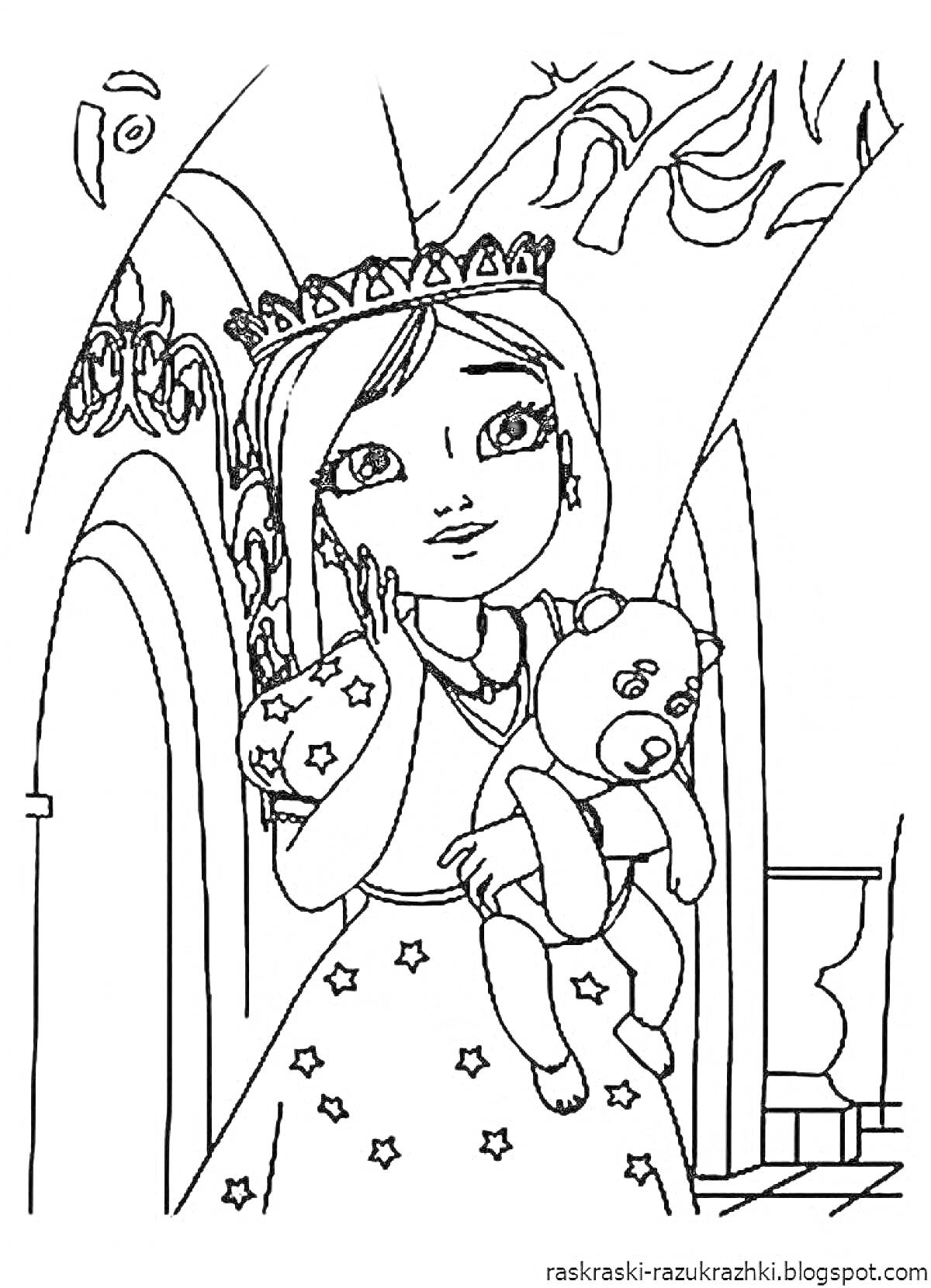 Раскраска Девочка с косичками и тиарой, держащая плюшевого медведя в замке