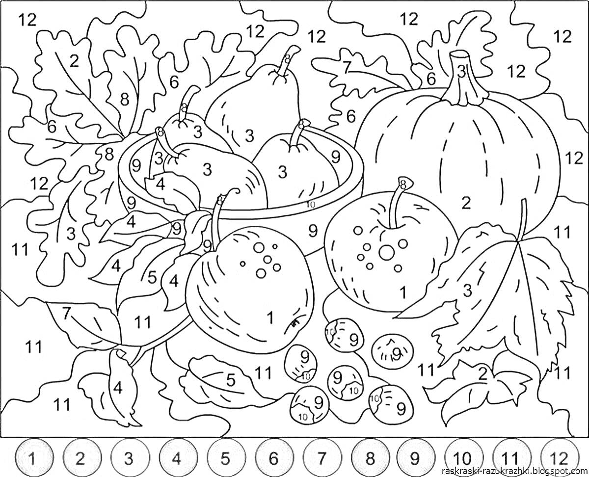 Раскраска Натюрморт с корзиной яблок, груш, винограда и тыквой