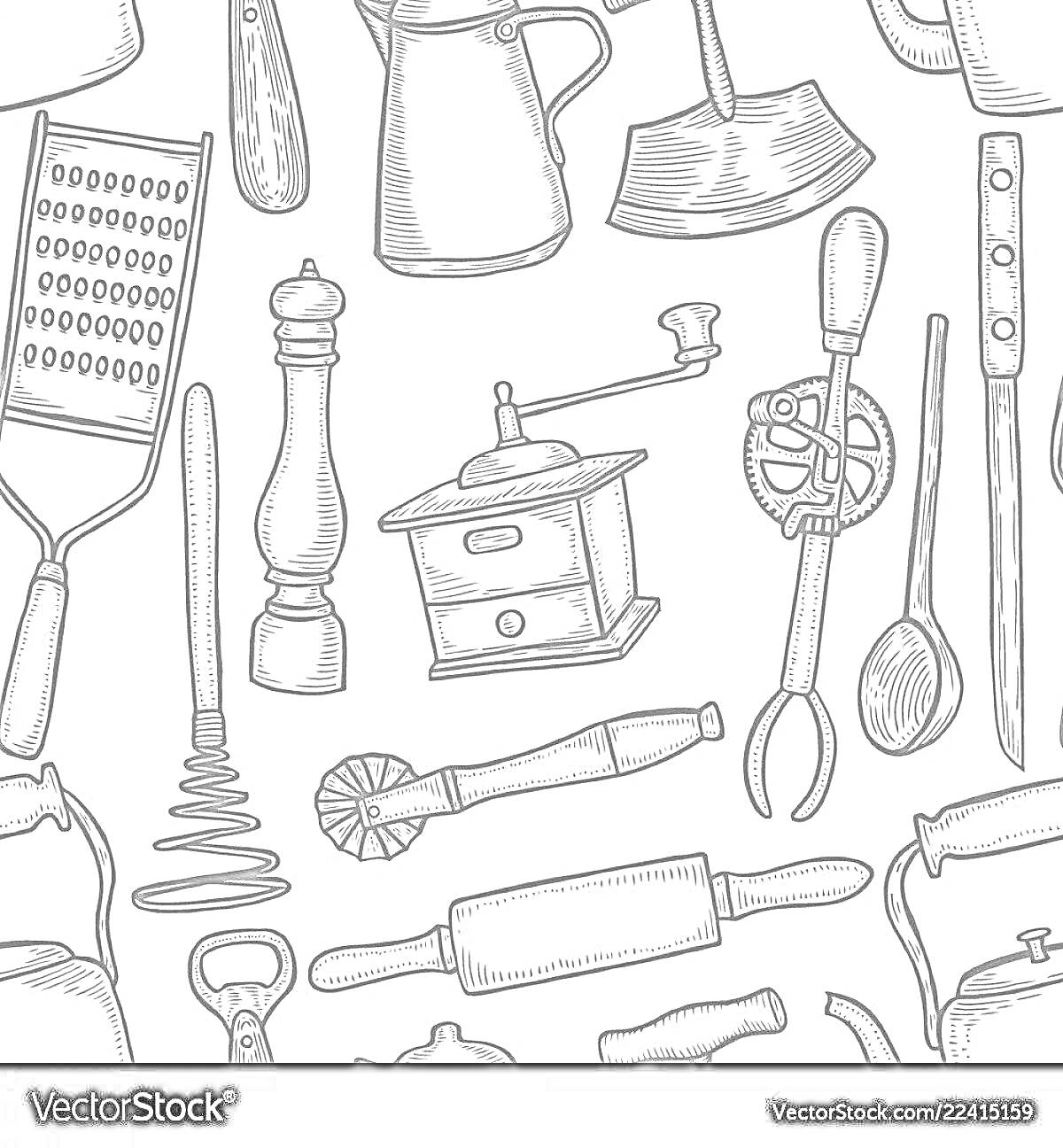 Раскраска Кухонные инструменты: терка, перечница, молочник, кофемолка, форма для выпечки, миксер для теста, венчик, скалка, нож, штопор, ложка, нож для теста, кренделевая машинка