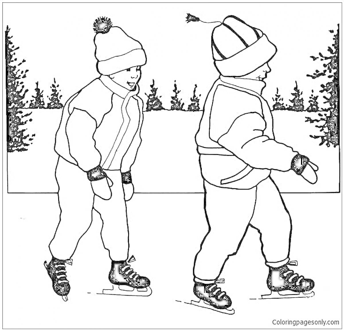 Раскраска Дети на коньках в зимней одежде на фоне заснеженного леса
