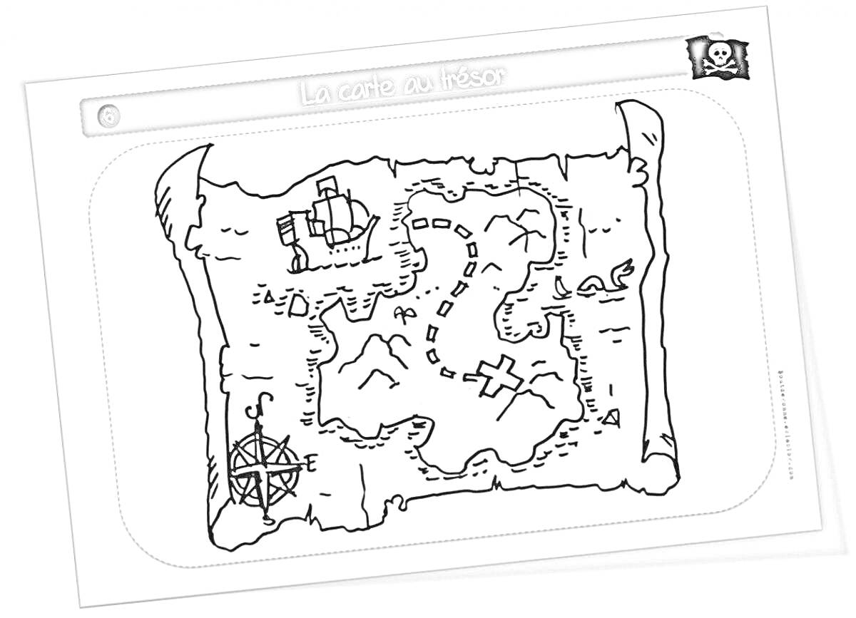 Раскраска карта сокровищ с кораблем, крестами, компасом и пунктирной линией