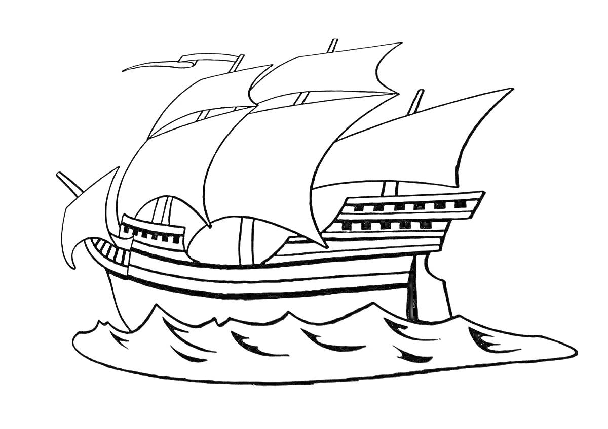 На раскраске изображено: Корабль, Море, Волны, Судно