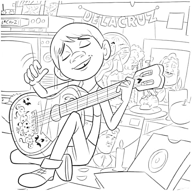 Раскраска Мальчик играет на гитаре в комнате с плакатами 