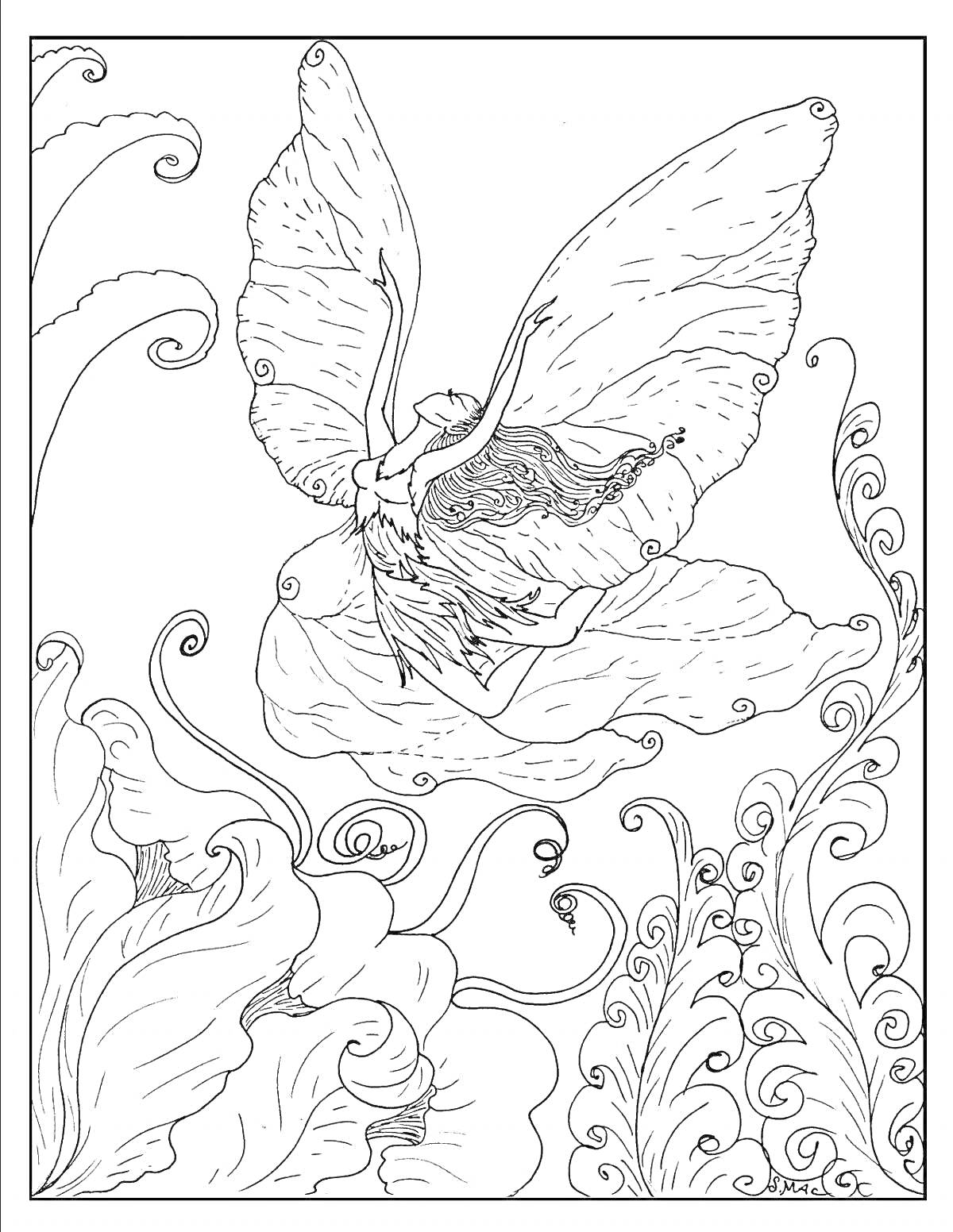 Раскраска Фея с крыльями бабочки среди оконных узоров и цветков