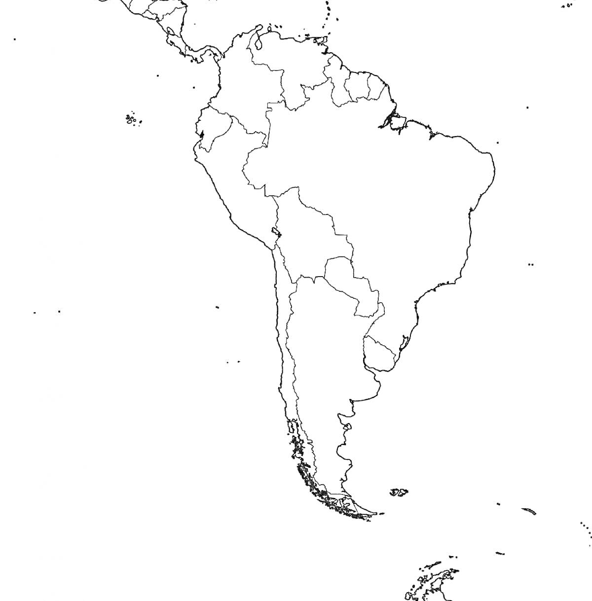 На раскраске изображено: Южная Америка, Контурная карта, География, Границы стран, Государства