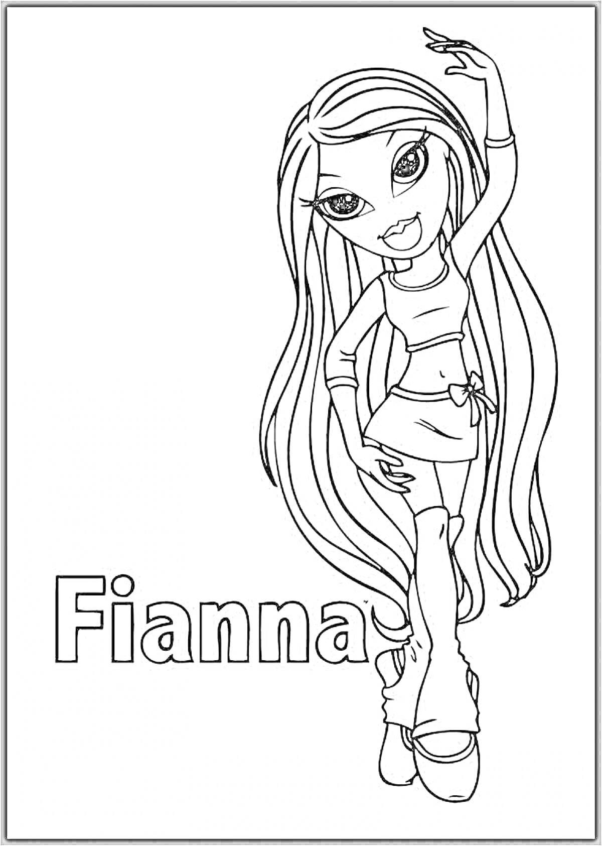 Раскраска Fianna из Братц с длинными волосами, стоящая с поднятой рукой