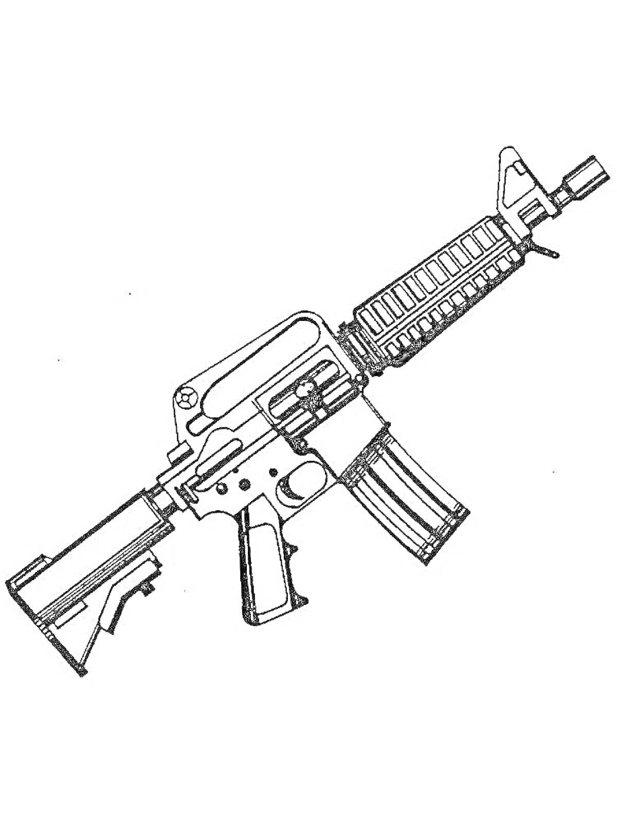 Раскраска Автомат с прикладом, прицелом и магазином