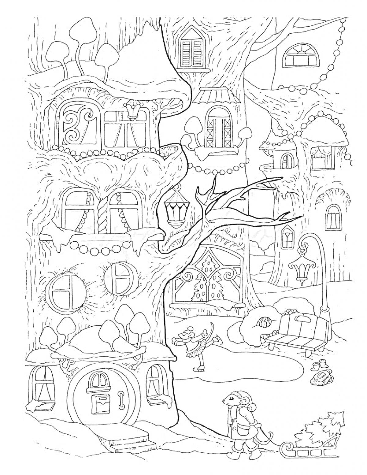 Раскраска Городок в дереве. В домах деревообработкой, улица с фонарем и фонарным столбом, маленький человек с сани и елкой.