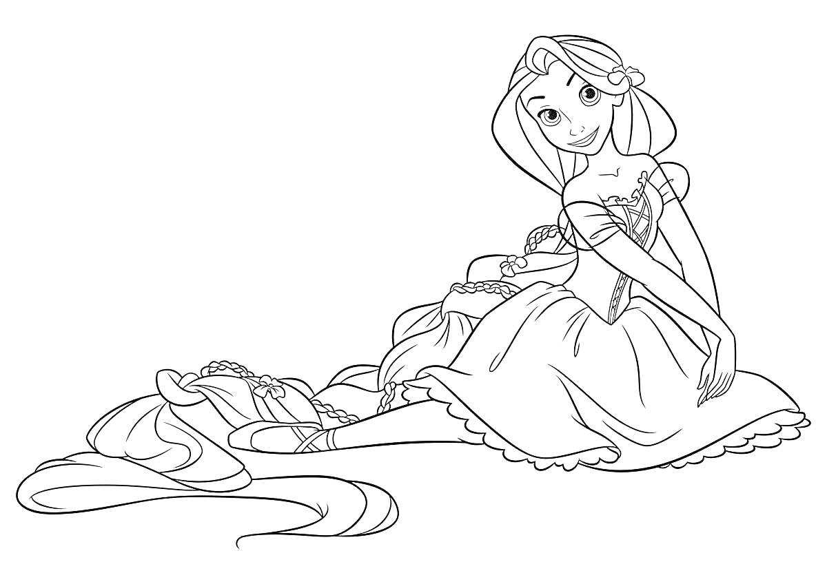 Раскраска Принцесса с длинными волосами, сидящая на полу в платье.