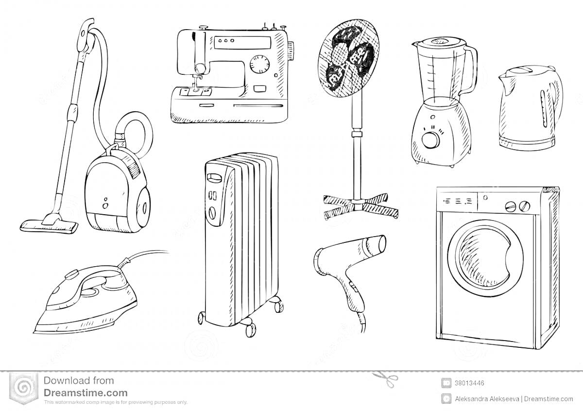 На раскраске изображено: Пылесос, Утюг, Швейная машинка, Радиатор, Вентиляция, Фен, Блендер, Стиральная машина, Бытовая техника