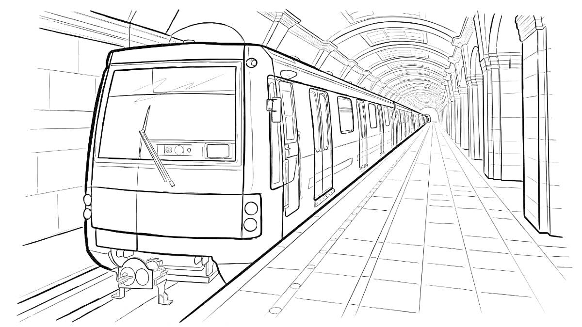 На раскраске изображено: Метро, Поезд, Станции, Арка, Вагоны, Рельсы, Тоннель, Городской транспорт