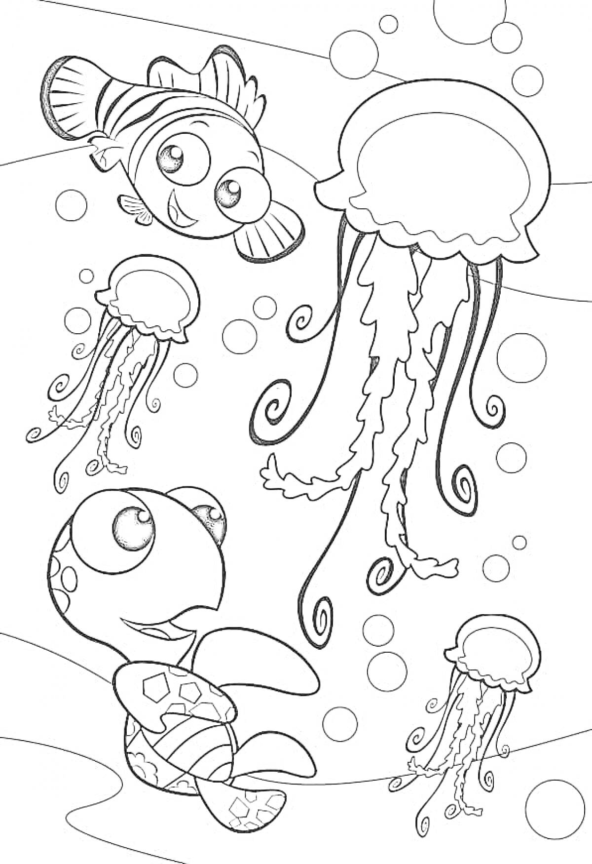 На раскраске изображено: Рыба-клоун, Черепаха, Подводный мир, Плавание, Для детей, Медуза, Океаны, Пузыри, Морские животные