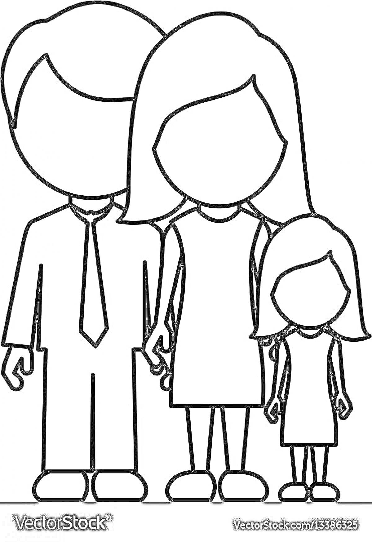 Раскраска Чёрно-белая раскраска с изображением папы, мамы и дочери, держащихся за руки