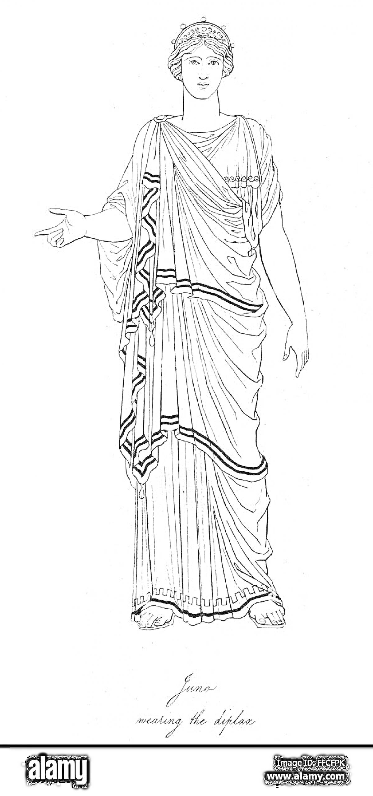 На раскраске изображено: Древняя Греция, Хитон, Декоративные элементы, Женщина, Головная повязка, Сандалии, Традиционная одежда