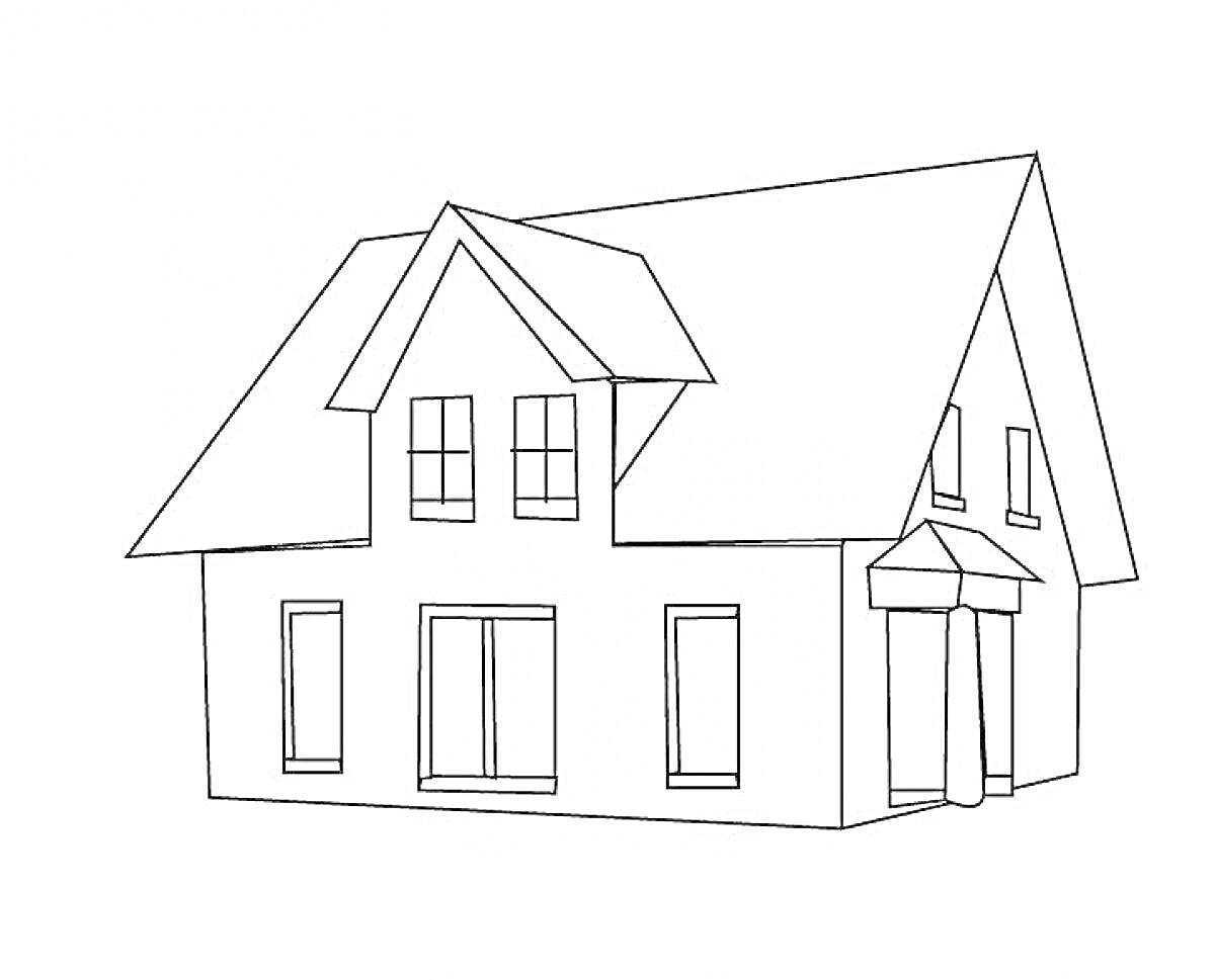 На раскраске изображено: Дом, Окна, Дверь, Крыша, Архитектура, Здание