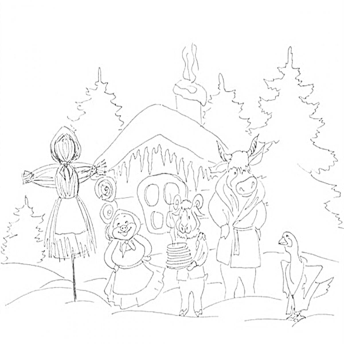 Раскраска Масленица: соломенное чучело, дети с блинами, елки, дом с трубой, корова и гусь