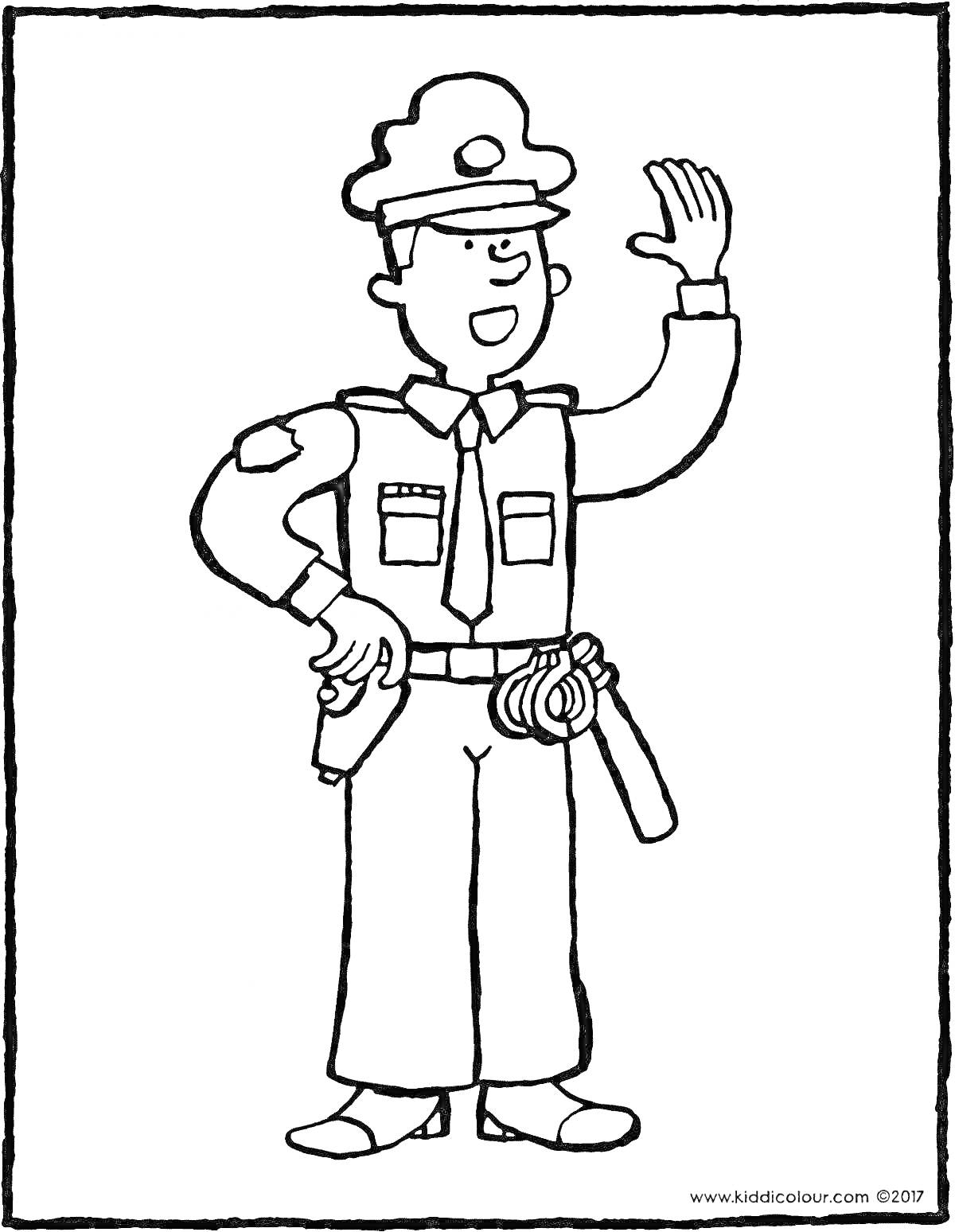 На раскраске изображено: Полицейский, Форма, Ремень, Снаряжение, Приветствие, Шапка, Пистолет, Дубинка, Галстук