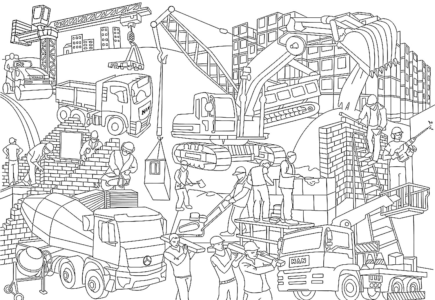 На раскраске изображено: Экскаватор, Кран, Строительство, Кирпичная стена, Строительная техника, Блоки, Лестница, Грузовая машина, Работа
