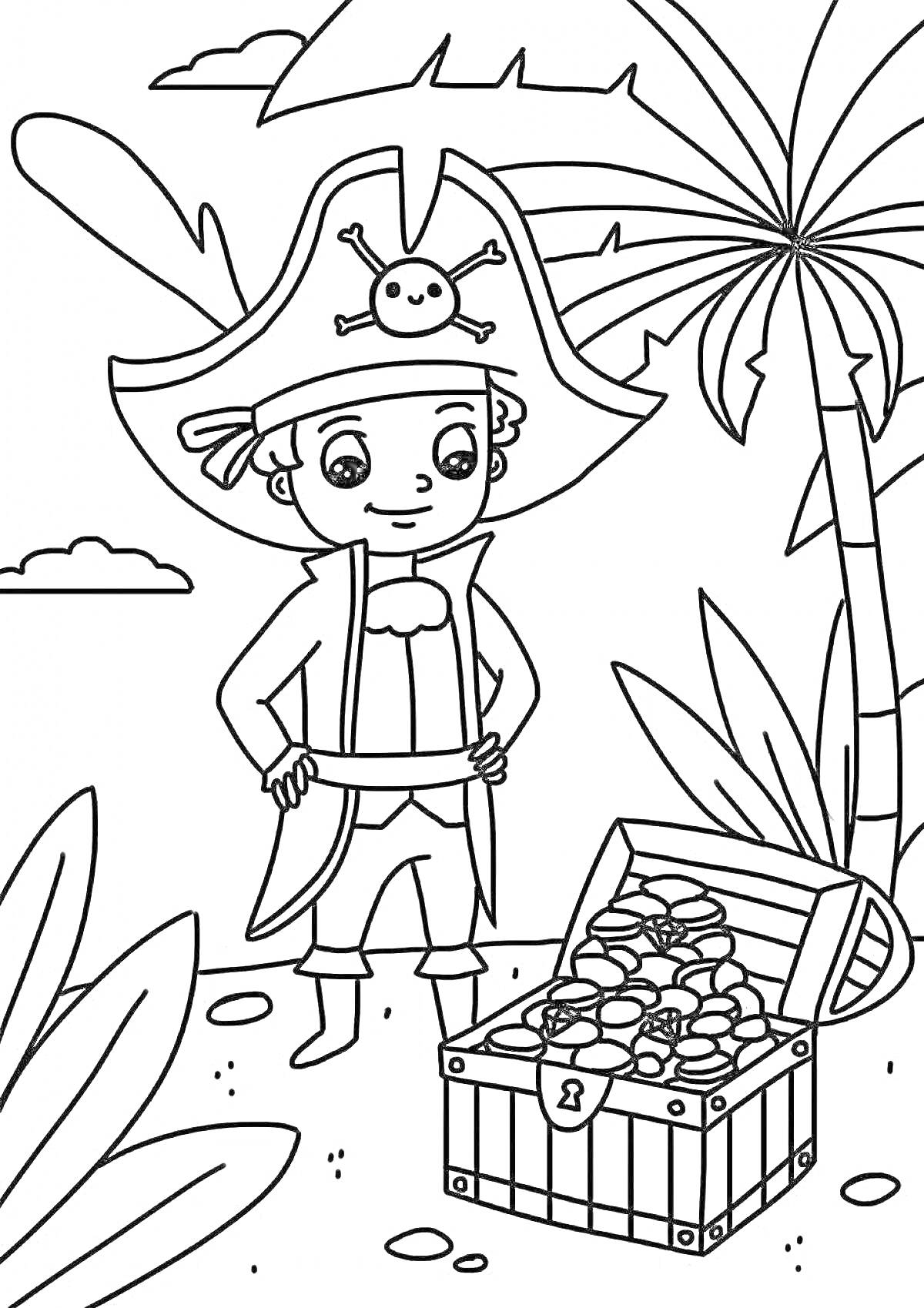На раскраске изображено: Пираты, Ребенок, Сундук с сокровищами, Тропический остров, Пальмы, Листья, Облака