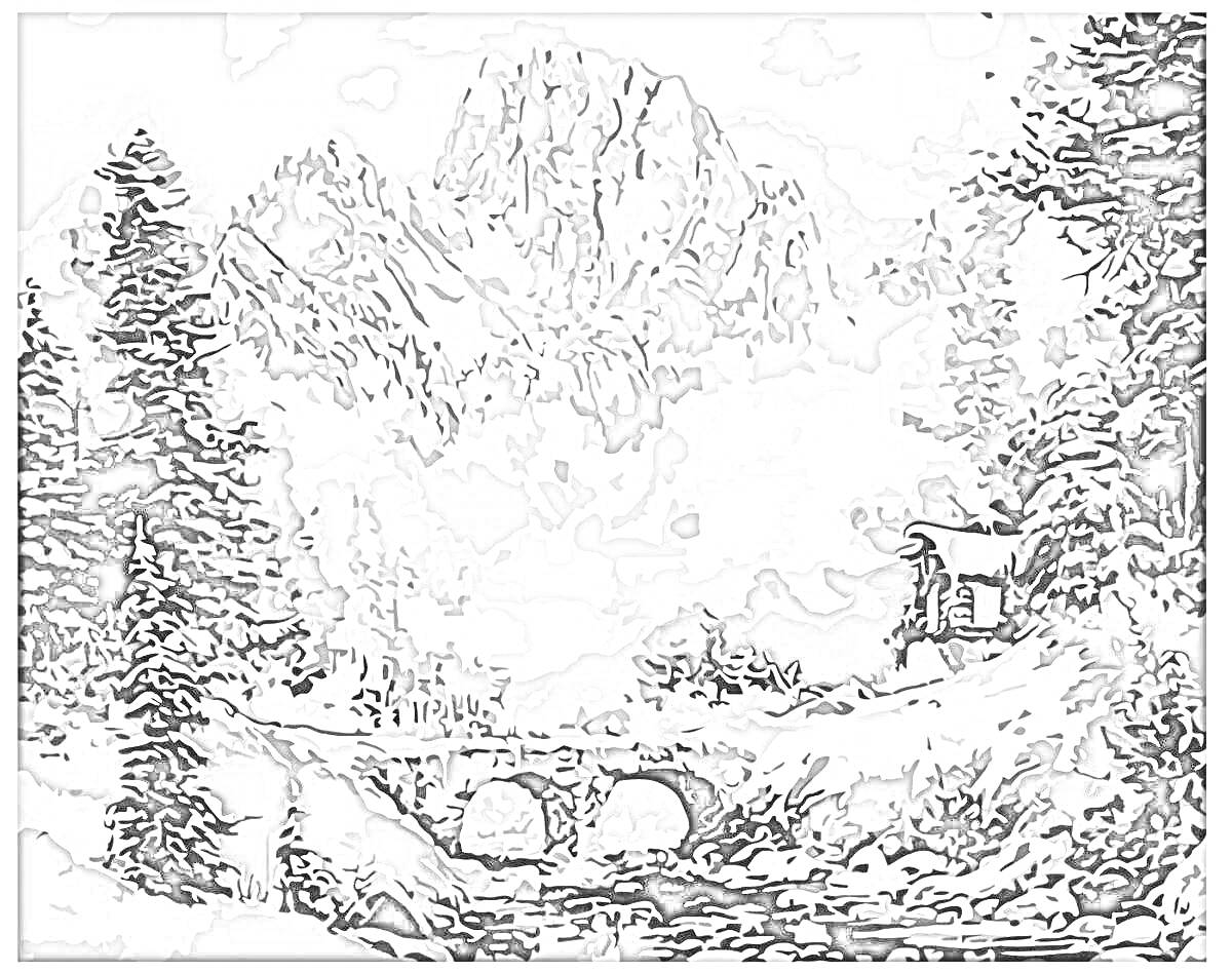 Раскраска горная сцена с домиком и мостом на фоне зимнего леса