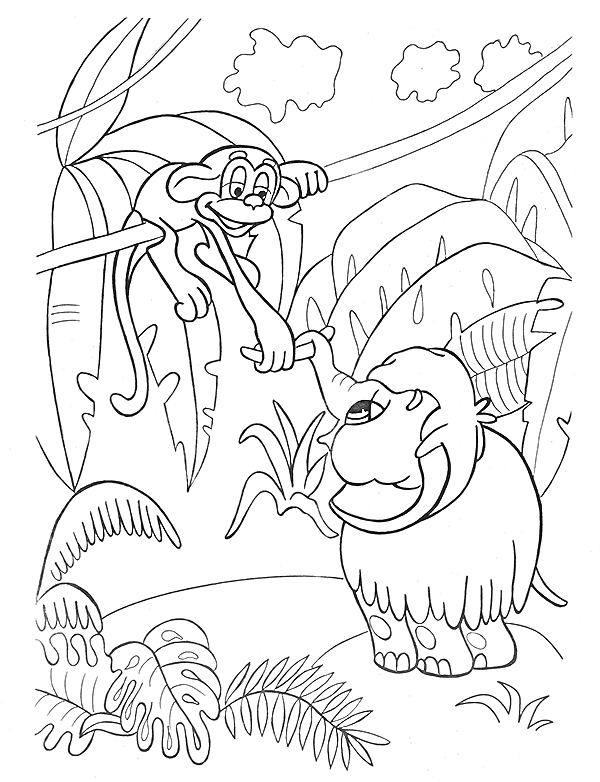 Раскраска Обезьяна и мамонтенок в джунглях с растительностью и облаками