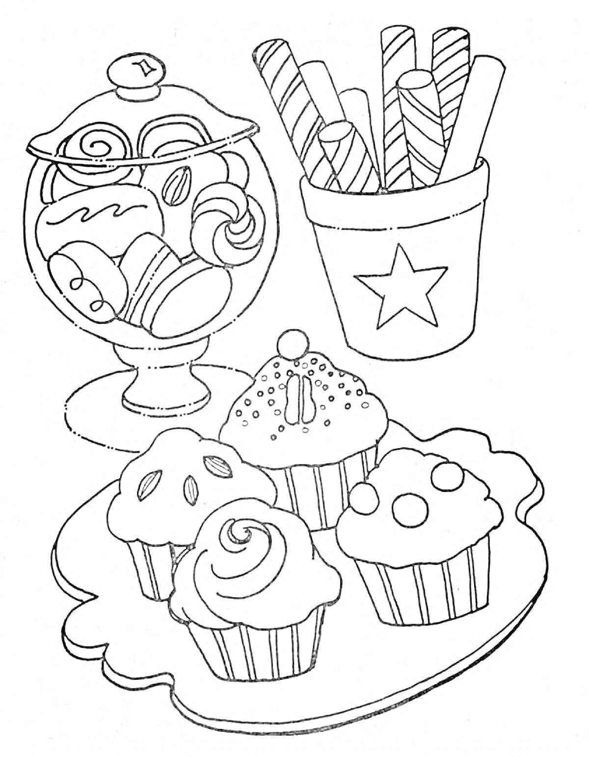 Раскраска Банка с конфетами, стакан с палочками и тарелка с кексами