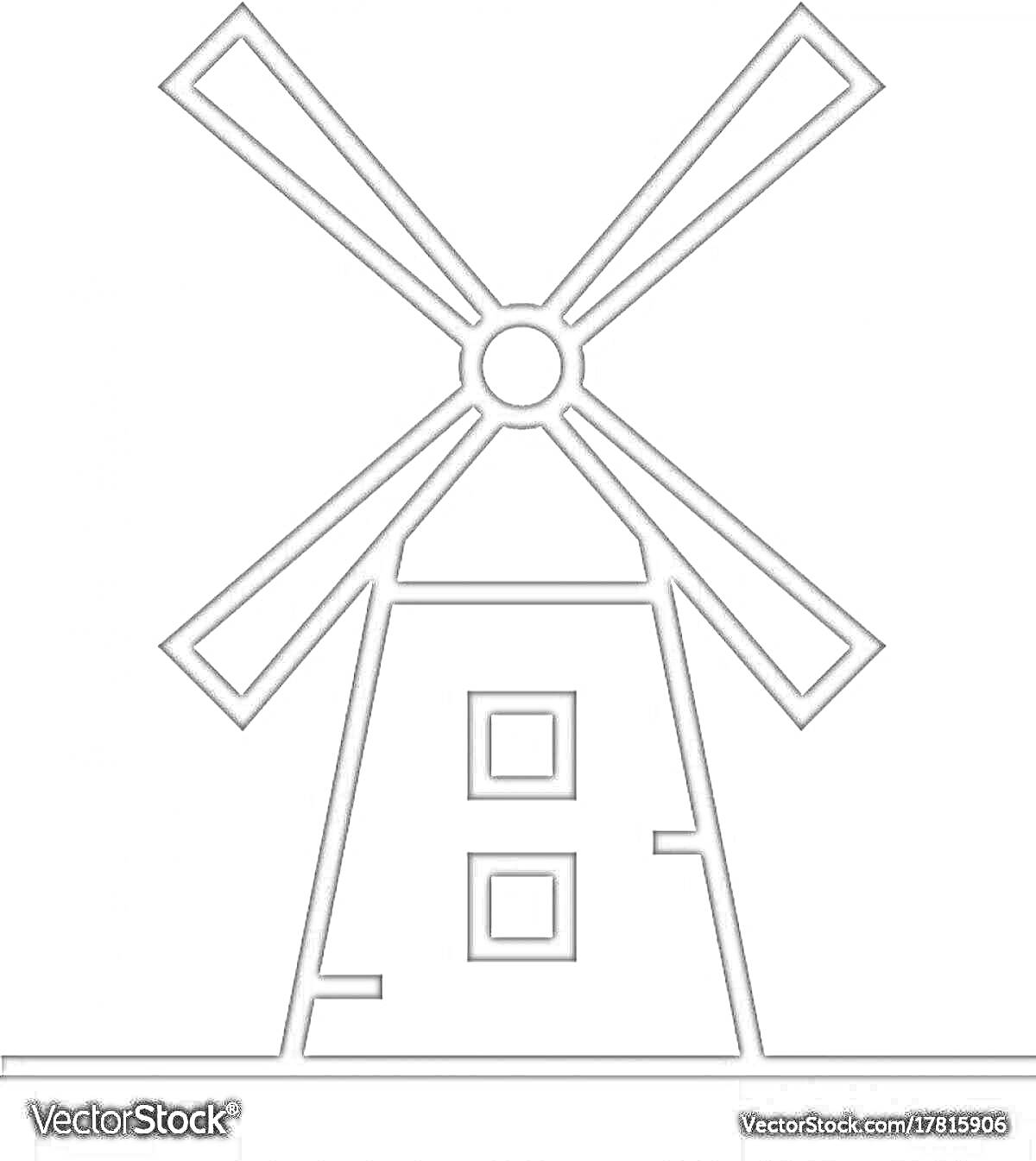 Раскраска Мельница с двумя окнами и четырьмя лопастями на горизонтальной поверхности