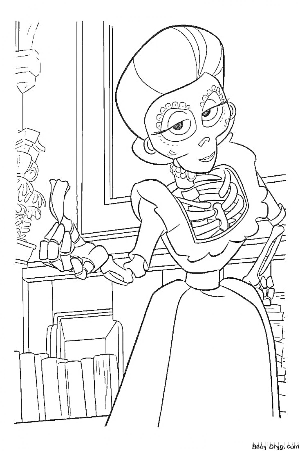 Раскраска Скелет в платье около полки с книгами