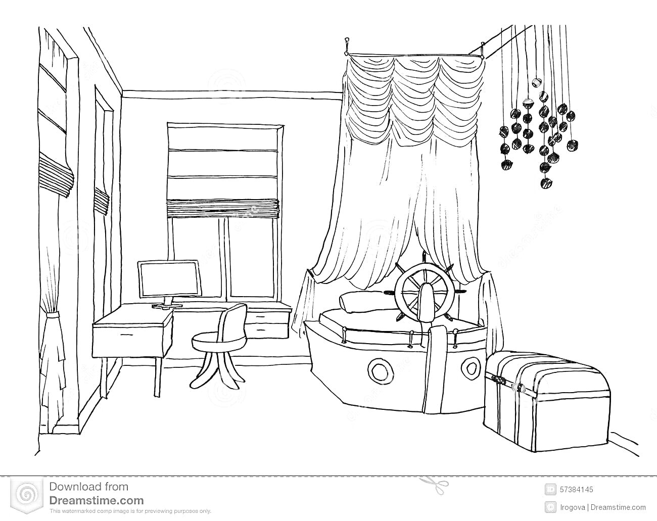 Раскраска Комната мальчика с кроватью в виде корабля, рабочим столом и сундуком