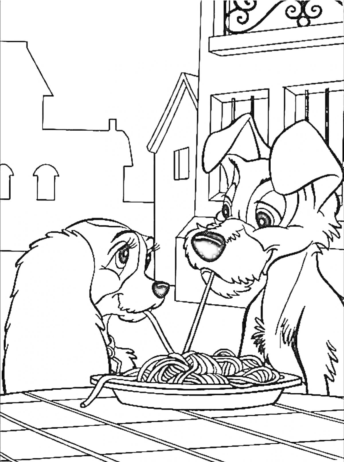 Раскраска Леди и Бродяга едят спагетти на улице