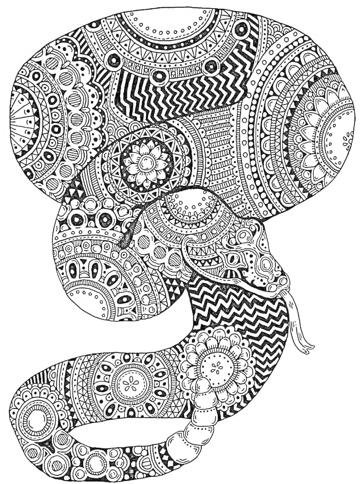 Раскраска Змея антистресс с узорами мандала, зигзагами, цветами и геометрическими фигурами