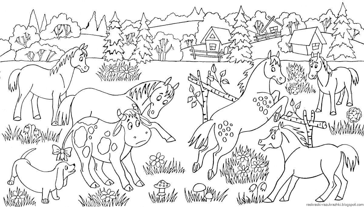 Раскраска Сцена на ферме с лошадьми, коровой и собакой