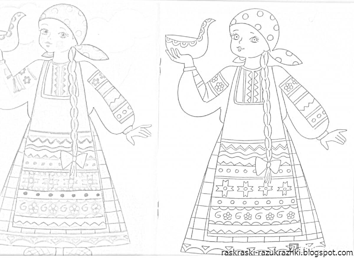 Раскраска Девушка в русском народном костюме с платком на голове, длинной косой, ярким сарафаном, расшитой рубашкой и красным поясом, держащая деревянную птичку.