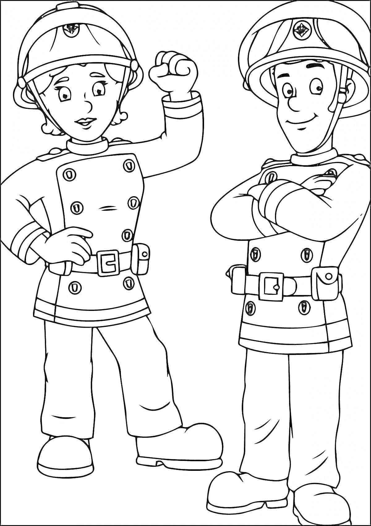 Раскраска Два спасателя в форме со шлемами, один из спасателей стоит с поднятым кулаком, другой скрестив руки на груди
