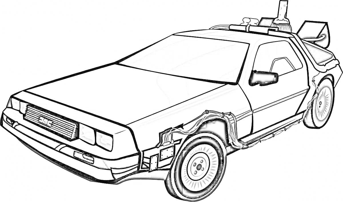 На раскраске изображено: Делориан, Фильм, Delorean, Машина времени, Винтажный автомобиль