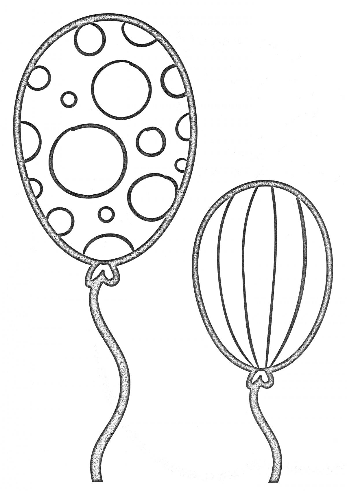 Раскраска Два воздушных шарика - один в кружочках, другой с вертикальными полосками