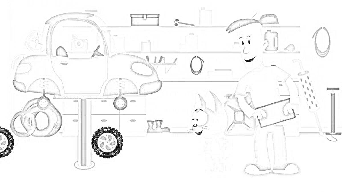Раскраска Котэ и волшебный гараж с подъемным автомобилем, механиком, инструментами и шиномонтажным оборудованием.