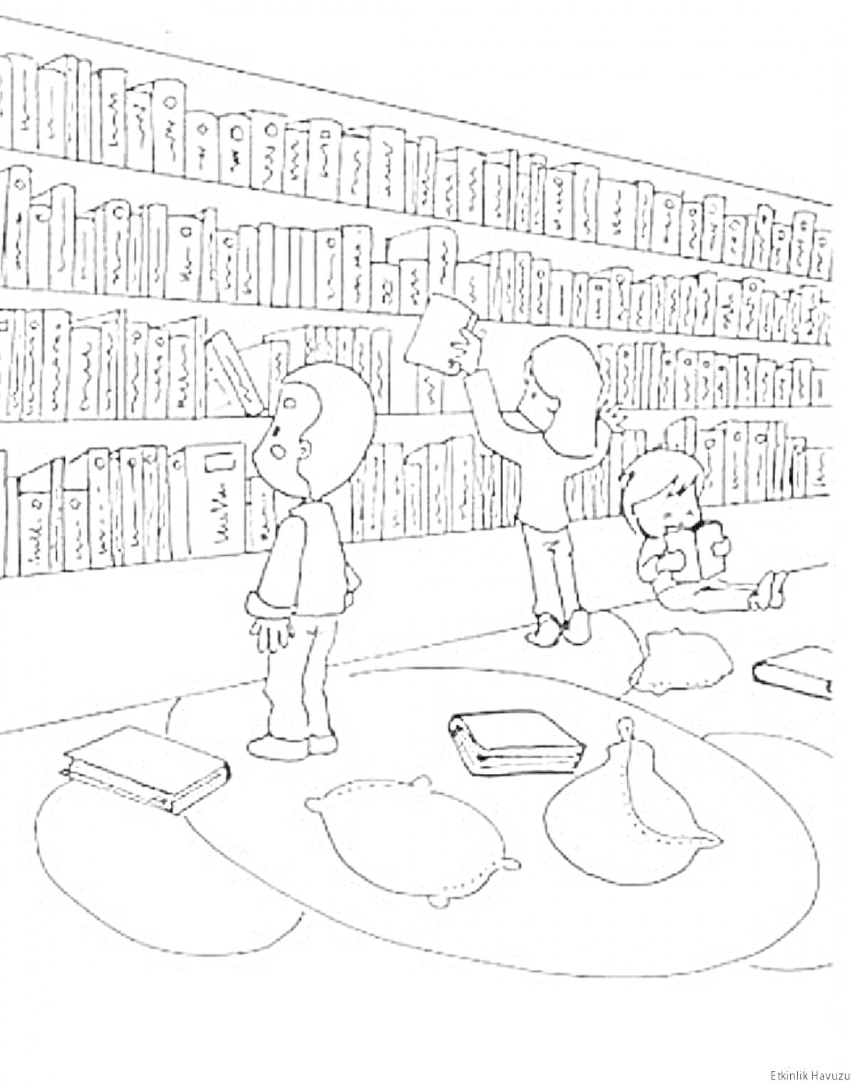 На раскраске изображено: Библиотека, Полки, Чтение, Книжные полки, Для детей, Подушка, Книга
