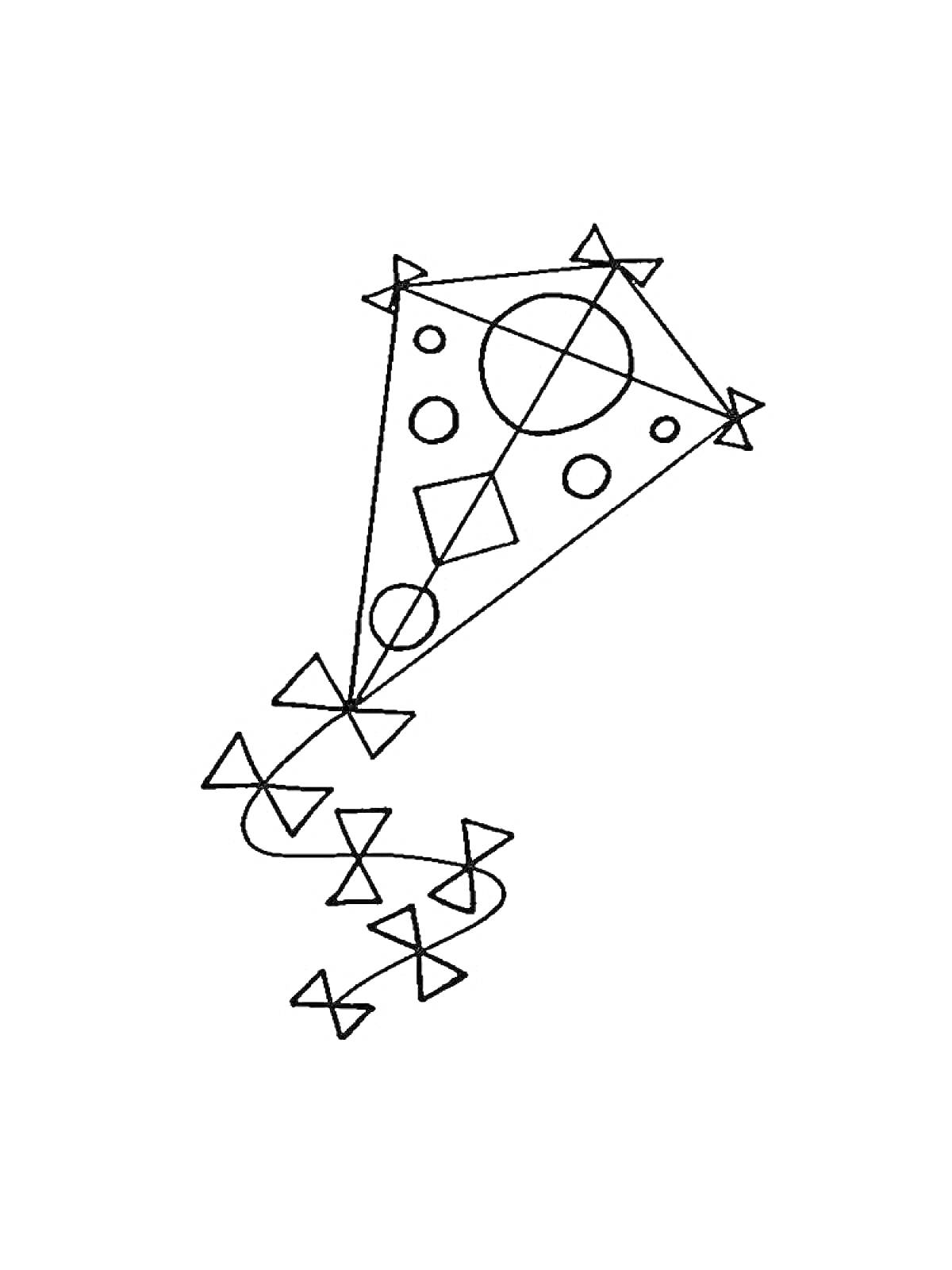 На раскраске изображено: Воздушный змей, Геометрические фигуры, Треугольники, Круги, Ромбы, Хвост