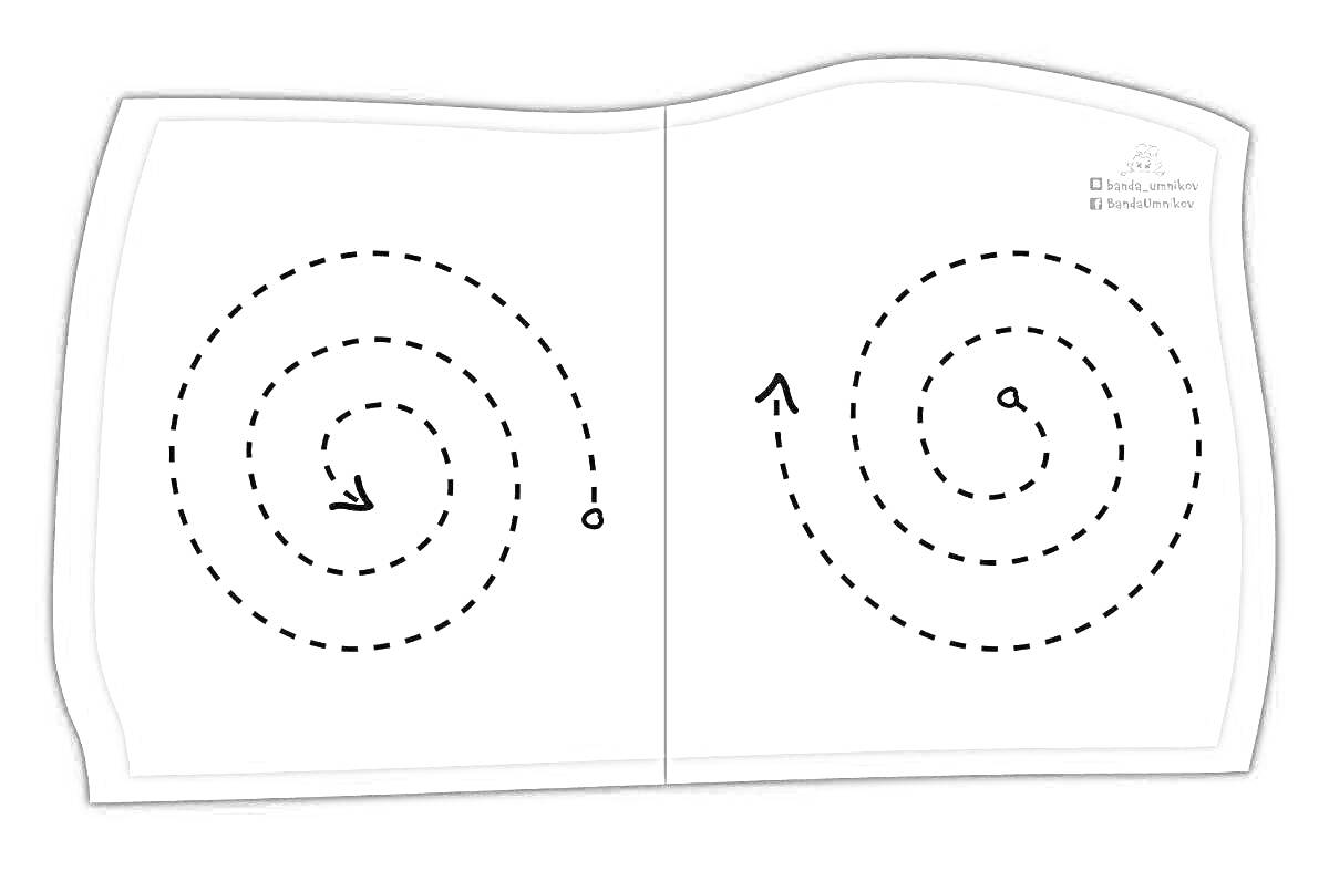 Раскраска Две лабиринтные спирали с входами и выходами, напечатанные на развороте книги