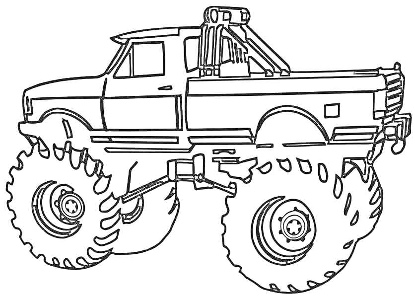 Раскраска Монстр Трак с большими колесами и рамой безопасности