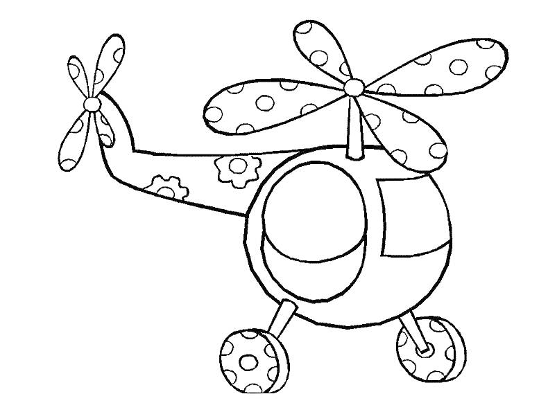 Вертолет с цветочками и горошинами, два винта, окна круглой формы, шасси с узорами