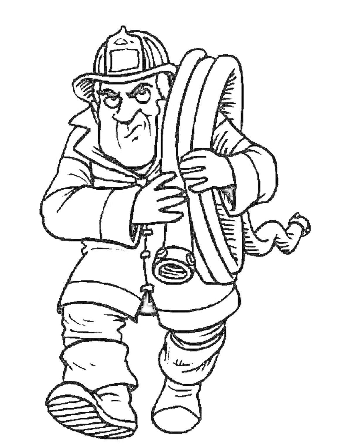 На раскраске изображено: Профессия, Пожарная служба, Пожарный рукав, Каска, Форма, Ботинки