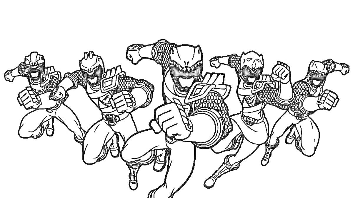 Раскраска Команда петроникс в масках и костюмах в прыжке с вытянутыми руками
