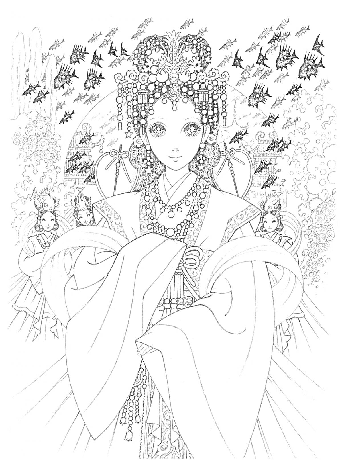 На раскраске изображено: Азия, Растительность, Украшения