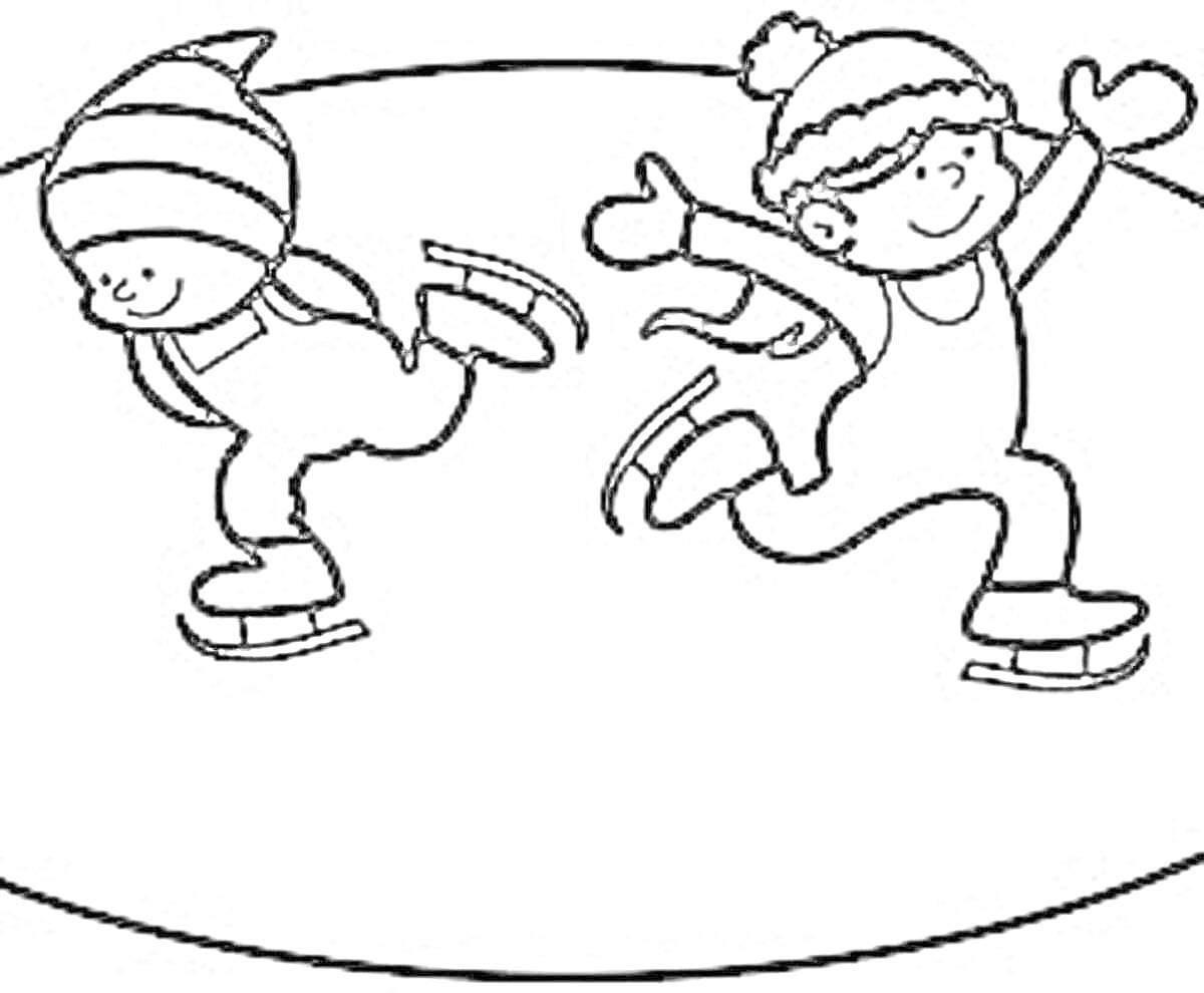 Раскраска Два ребенка на катке, один в шапке с помпоном и шарфе, другой в полосатой шапке