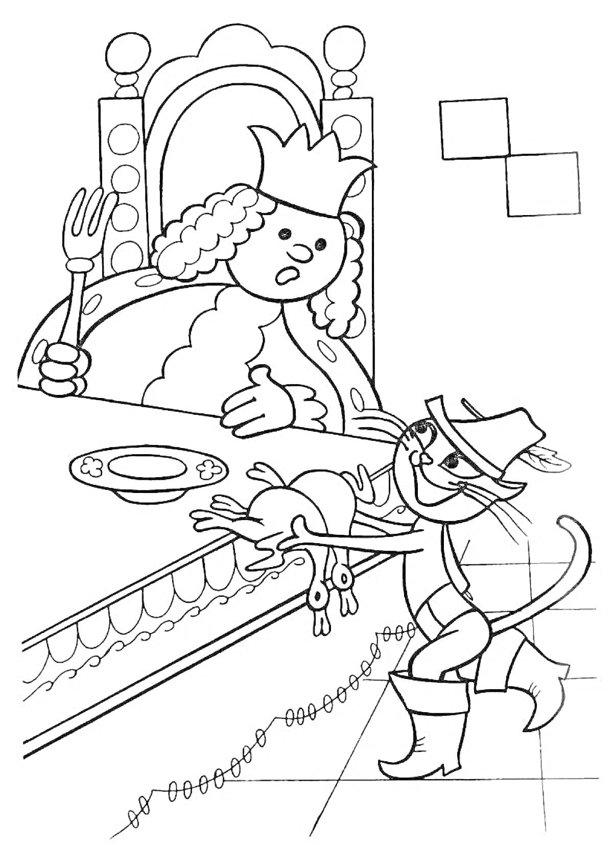На раскраске изображено: Кот в сапогах, Король, Замок, Еда, Стол, Вилка, Тарелка, Шляпа, Сапоги