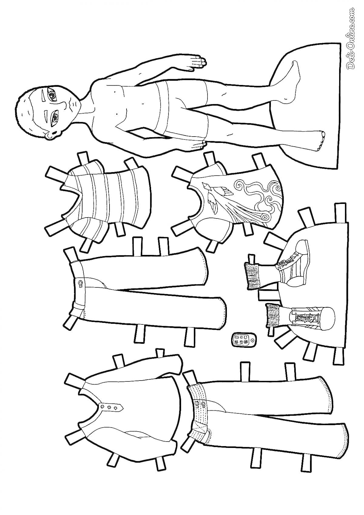 На раскраске изображено: Бумажная кукла, Мальчик, Одежда, Безрукавка, Джинсы, Костюм, Ботинки, Наручные часы