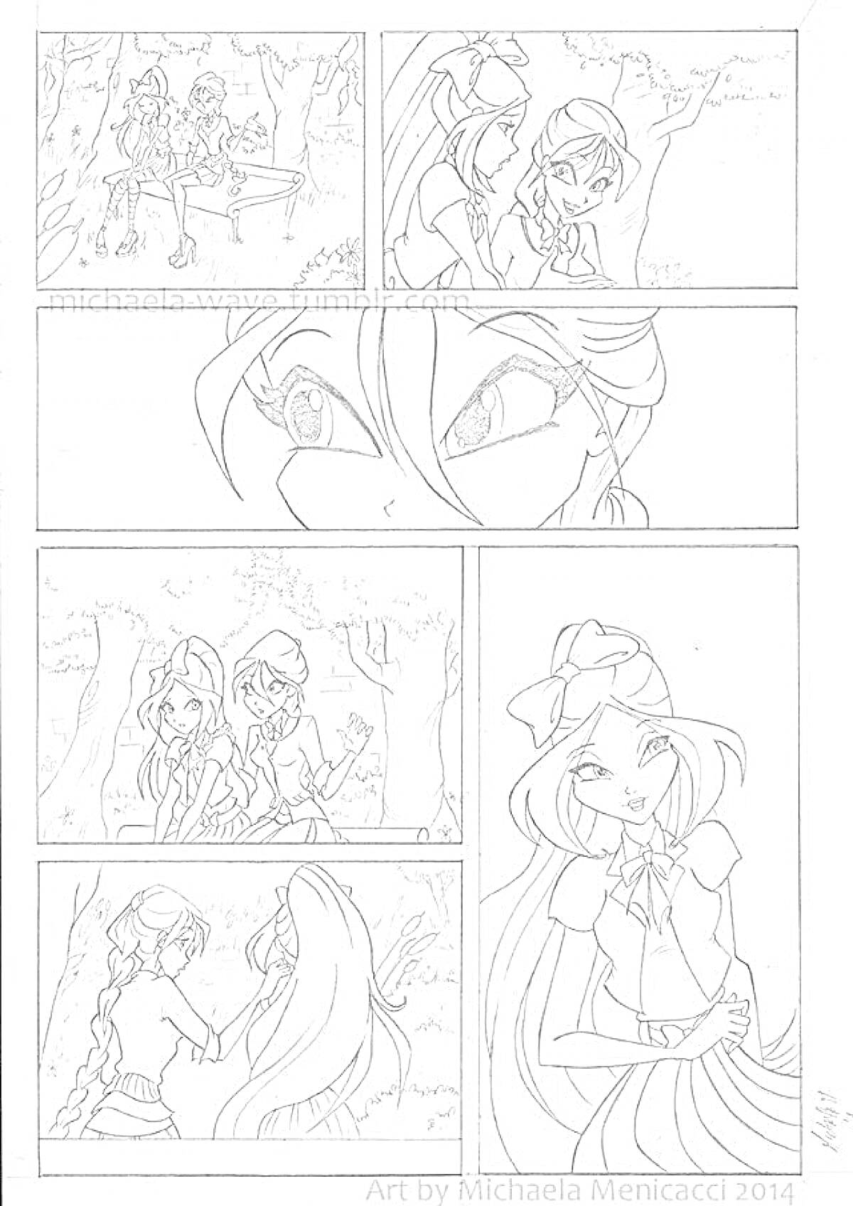 На раскраске изображено: Винкс, Лес, Крупный план, Глаза, Разговор