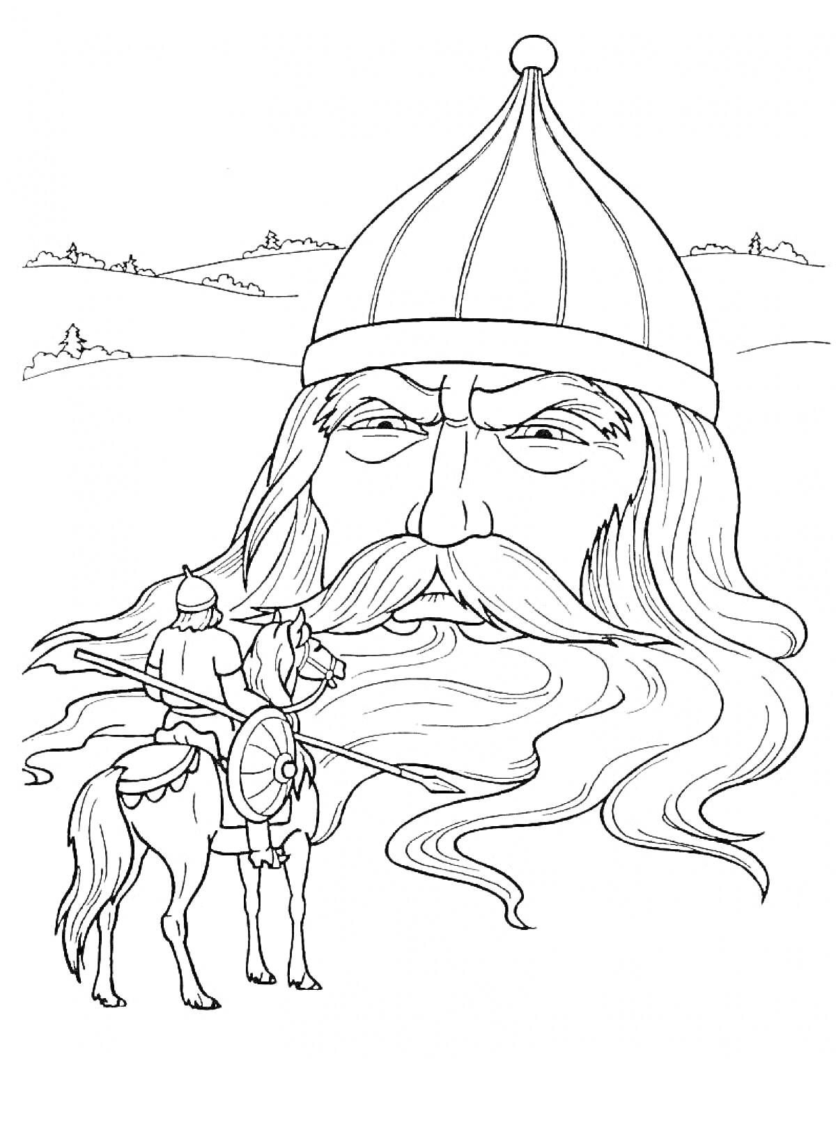 Раскраска Богатырь на коне перед головой великана с большим шлемом